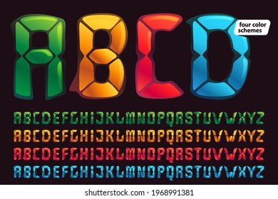 Alphabet in alarm clock style. Digital font in four color schemes for futuristic company identity, nightlife magazine, expressive posters.