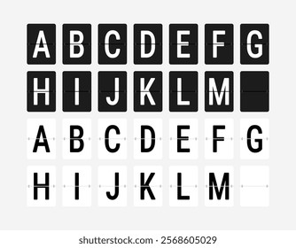 Alphabet A-M letters flip board isolated icon. Black and white airport scoreboard display panel.