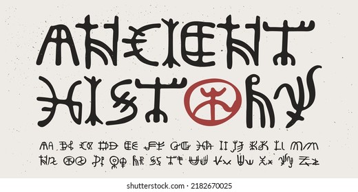 Alphabet in Ancient historical style. These icons based on rock art pictograms. Perfect for creating decorative prints, Nordic design, clothing embroidery, wizardry packaging, pagan header.