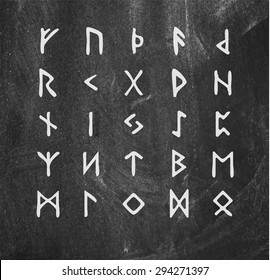 Alphabet with ancient Old Norse runes (Futhark) Set of 24 scandinavian and germanic letters on square black charcoal background. Stock vector.
