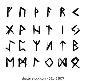 Alphabet with ancient Old Norse runes (Futhark) Set of 24 scandinavian and germanic letters on square white landscape background.