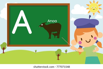 alphabet animal for children, part of alphabet series with animal ABC, letter A for anoa, funny cartoon