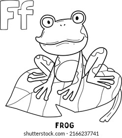 alphabet animal frog on leaf for coloring with word, hand drawn letter animal cartoon