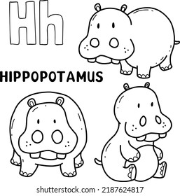 alphabet animal hippopotamus set for coloring with word, hand drawn letter animal cartoon