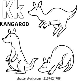 alphabet animal kangaroo set for coloring with word, hand drawn letter animal cartoon