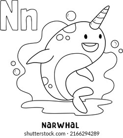 alphabet animal narwhal for coloring with word, hand drawn letter animal cartoon