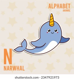 a alphabet animal narwhal kawaii illustration