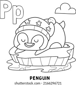 alphabet animal penguin for coloring with word, hand drawn letter animal cartoon
