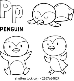 alphabet animal penguin set for coloring with word, hand drawn letter animal cartoon