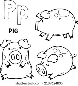 alphabet animal pig set for coloring with word, hand drawn letter animal cartoon