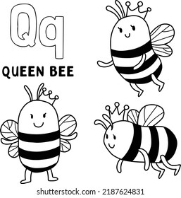 abeja de abeja reina animal con alfabeto para colorear con palabra, letra dibujada a mano dibujos animados animales