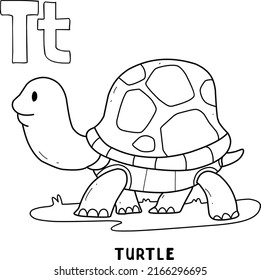 alphabet animal turtle for coloring with word, hand drawn letter animal cartoon