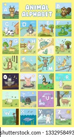 Alphabet and Animal Vector Set. Illustration. Education for children, preschool, cute, poster. Hand Drawn wildlife cute characters. Cartoon style. ABC for kids learning.