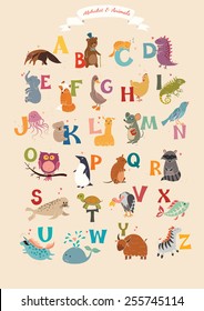 Alphabet & Animal Vector Set. Illustration. Education for children, preschool, cute, poster. Hand Drawn