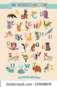 Alphabet & Animal Vector Set. Illustration. Education for children, preschool, cute, poster. Hand Drawn.