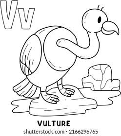 alphabet animal vulture for coloring with word, hand drawn letter animal cartoon