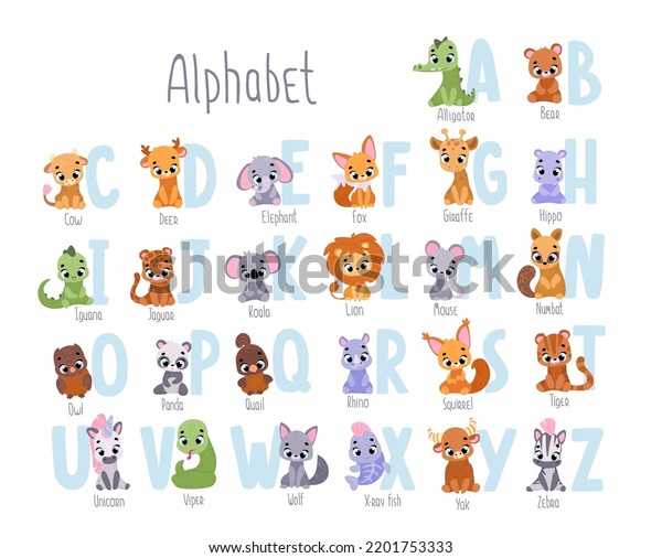 Alphabet. Animals ABC. Cute vector alphabet with\
little animals. Print for kids room decoration, fabric, paper,\
card, t shirt, poster,\
textile.