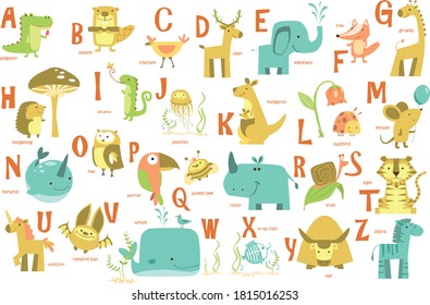 Alphabet and animals. ABC with different animals
