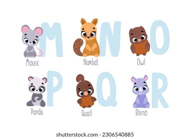  Alphabet. Animals ABC. M, N, O, P, Q, R. Cute vector alphabet with little animals. Print for kids room decoration, fabric, paper, card, t shirt, poster, textile.