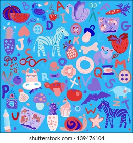 alphabet, animals, blue