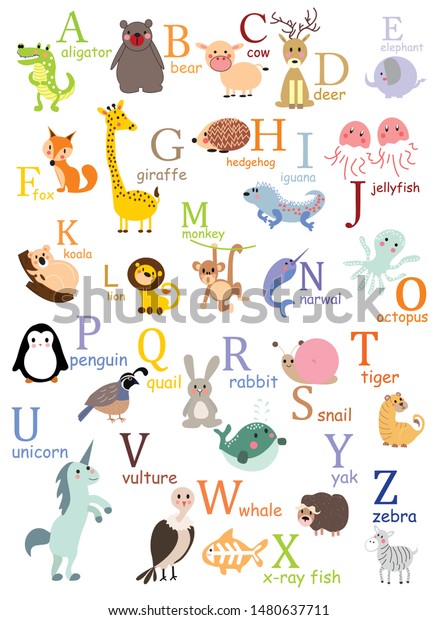 Alphabet Animals Cartoon Print Graphic Vector Stock Vector (Royalty ...