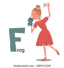 Alphabet animals for children. Letter F - frog. Elegant girl in a dress kisses a frog and holds a crown. Сartoon illustration. Isolated on white background, vector. 