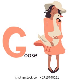 Alphabet animals for children. Letter G - goose.
A little girl in a dress stands and smiles, holds a white goose in her arms.
Vector. cartoon illustration.