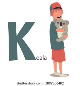 Alphabet animals for children. Letter K -koala.
A young boy smiles and holds a cute little koala in his arms. Сartoon illustration. Isolated on white background, vector. 