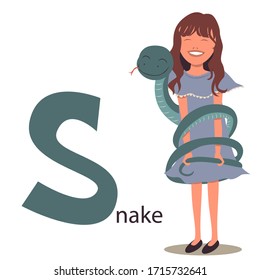 Alphabet animals for children. Letter S -snake.
А little girl in a blue dress stands and smiles, a large green anaconda snake entwined around her body.
Vector. cartoon illustration.