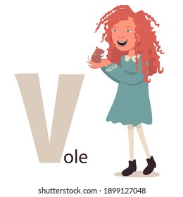 Alphabet animals for children. Letter V - vole. A young girl with curly red hair smiles and holds a vole in her hands. The vole eats grass. Сartoon illustration. Isolated on white background, vector. 