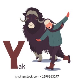 Alphabet animals for children. Letter Y - yak. An Asian boy dressed in winter clothes runs next to a large horned yak. Сartoon illustration. Isolated on white background, vector. 