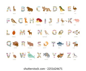 alphabet with animals colorful vector set	