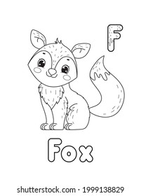 Alphabet animals coloring book. Animals alphabet. Vector cartoon fox. Isolated on white background.