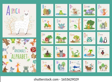 Alphabet of animals. Cute animals with latin letters on a white background. Set of 26 animals. Colorful vector illustration.