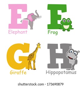 Alphabet animals from E to H on white background (Helpful for Education & Schools), vector illustration