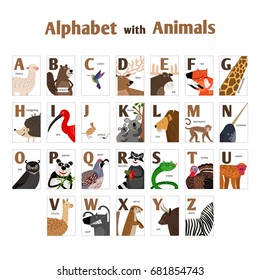 Alphabet with Animals: fox, zebra, owl, raccoon, ibis, panda. Cute vector design cards with letters for kids.