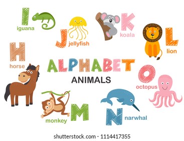 alphabet with animals H to O  - vector illustration, eps