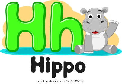 Alphabet with animals, hippo sitting in a puddle of the letter Hh on a white. Preschool education.