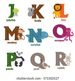 alphabet with animals J to R  - vector illustration, eps