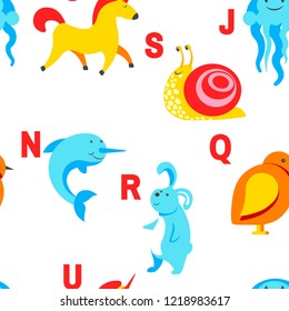 Alphabet animals and letters study material for children vector. U for unicorn, dog and hedgehog, mouse and cat, fish and turtle, snail and alligator. Seamless pattern with abc for small kids to learn