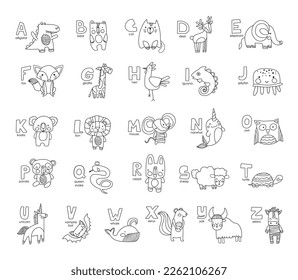 Alphabet mit Tierlinie. Bildung für Kinder, allgemeine und berufliche Bildung. Tropische und exotische Tiere, Säugetiere und Raubtiere. Baby-Lehrbuch. Cartoon-Flavektor-Vektorgrafik