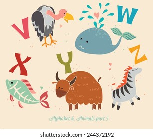 Alphabet & Animals, part 5. Set of letters from V to Z. The English alphabet and animals. Education for children