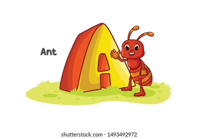 Alphabet of animals, Preschool education, Illustrated alphabet letter A and ant.