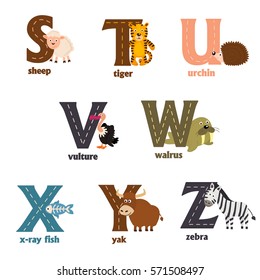 alphabet with animals S to Z  - vector illustration, eps