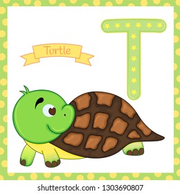 Alphabet Of Animals. T for turtle. Vector Illustration of happy turtle. Cute Cartoon Isolated.
