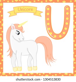 Alphabet Of Animals. U for unicorn. Vector Illustration of happy unicorn. Cute Cartoon Isolated.