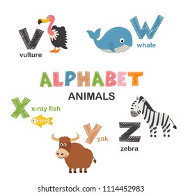 alphabet with animals V to Z  - vector illustration, eps