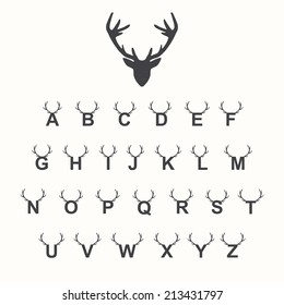 Alphabet with antlers, vector illustration