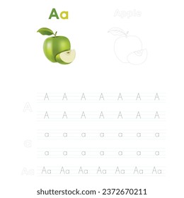 Alphabet A for Apple handwriting trace practice worksheet for preschool kids learning how to write colorful printable version. Vector Illustration