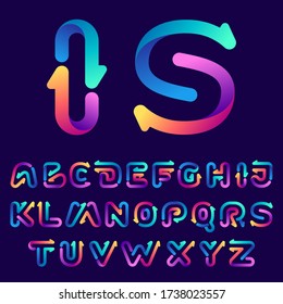 Alphabet with arrows. Vector bright gradient font for sport labels, bets headlines, multimedia posters, business cards etc.